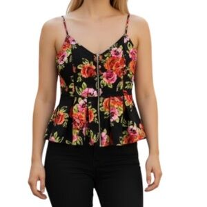 ECLIPSE Rose Floral Peplum Top Zip Embellished Spaghetti Strap Black Red Pink M